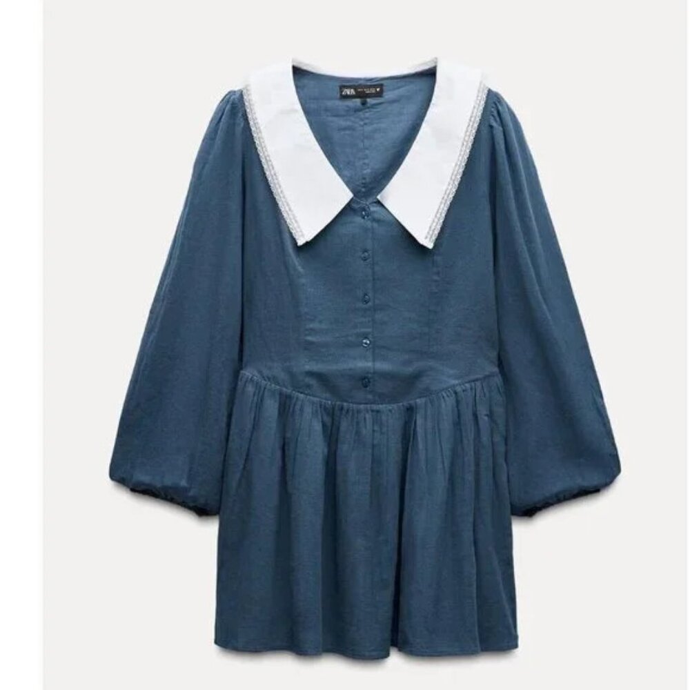BNWT Size S l Short Dress with V-Neck Bib Peter Pan Collar 0881/202 Zara Blue - Picture 4 of 5